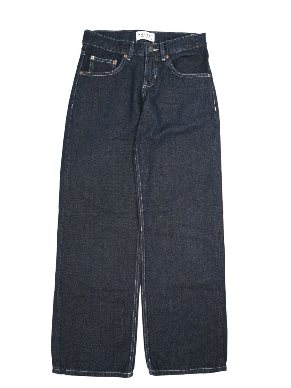 Motel Rocks Parallel Contrast Stitch Low Rise Straight Leg Jeans in Blue Indigo